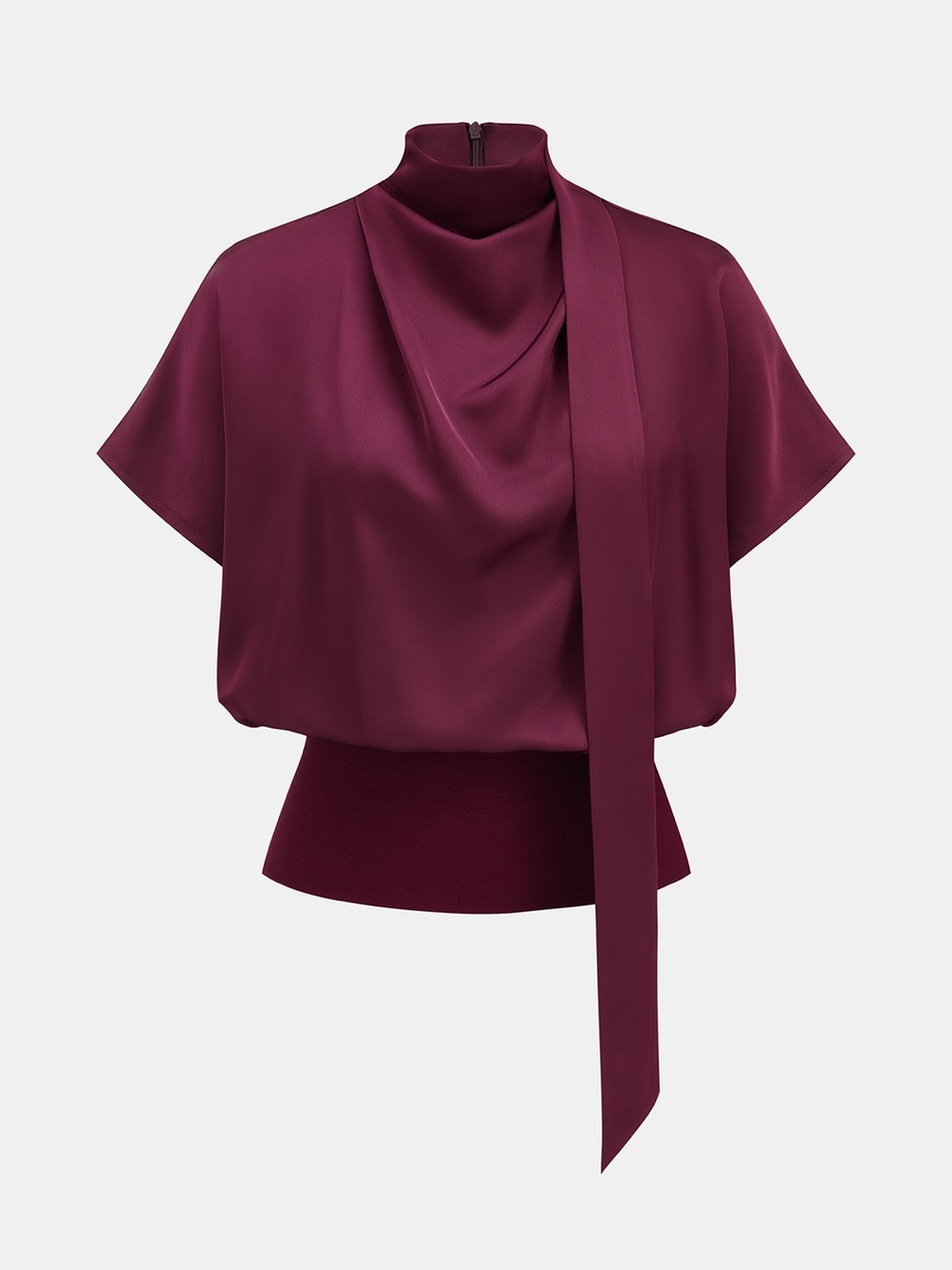 Commense chic Draped Satin Mock Neck Blouse with Tie LL1-40